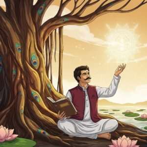An elegant Indian scholar, dressed in a traditional yet contemporary fusion of kurta and vest, sits under a grand, ancient banyan tree. The tree's roots and branches are intricately woven with vibrant colors of gold, maroon, and peacock blue. He holds a beautifully bound manuscript in one hand, while the other hand gracefully gestures towards an ethereal, glowing mandala in the sky, symbolizing the essence of knowledge and creativity. The background features a serene landscape with stylized lotus flowers and gently flowing water. The scene is bathed in warm, golden light, creating an atmosphere of inspiration and discovery. The art style is a harmonious blend of traditional Indian motifs and modern digital aesthetics, evoking a sense of timelessness and cultural richness.