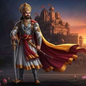 A majestic depiction of Bappa Rawal, the legendary founder of Mewar, standing heroically against the backdrop of a grand, ancient Indian fortress bathed in the warm hues of a setting sun. He is adorned in traditional Rajput warrior attire with a regal crown, intricately designed armor, and a vibrant saffron and maroon cape flowing behind him. His hand rests confidently on the hilt of a beautifully crafted sword. The scene captures the essence of courage and leadership, with deep, rich colors highlighting his regal demeanor. Intricate patterns and cultural motifs like mandalas and lotus flowers are subtly woven into the background, enhancing the scene's historical and cultural significance. The art style should be hyperrealistic with a modern digital touch, ensuring an ethereal and spiritual feel that draws the viewer into the rich history of Mewar.
