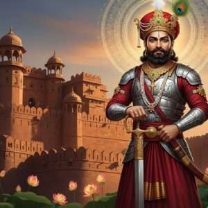 A majestic portrayal of Bappa Rawal, the legendary ruler, standing valiantly in a traditional Rajput warrior attire, adorned with intricate patterns and cultural motifs. He is depicted with a regal presence, holding a sword with ornate designs, set against a backdrop of an ancient Indian fort, representing the historical city of Rawalpindi. The scene is enveloped in a palette of deep maroon and peacock blue, with glowing mandalas and stylized lotus flowers subtly integrated into the composition. Soft, ethereal light highlights the golden details of his armor and crown, enhancing the scene's spiritual and surreal quality. The atmosphere exudes a sense of grandeur and historic significance, captivating the viewer's curiosity about the storied past.