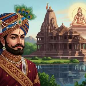 A majestic scene depicting Bappa Rawal, the legendary ruler of Mewar, in traditional Rajput attire with a regal and commanding presence. He stands with reverence before the ancient Eklingji Temple, its intricate stone architecture illuminated by a serene, ethereal glow. In the background, the spiritual figure of Harit Rishi is portrayed in a meditative pose, surrounded by a halo of soft, warm light. The landscape features lush greenery and a calm water body reflecting the temple's grandeur, embodying tranquility and divinity. The art style combines rich, deep colors like maroon and peacock blue with modern digital aesthetics, featuring intricate patterns reminiscent of Madhubani and Pattachitra art. The atmosphere is surreal and spiritual, capturing the sacred connection between Bappa Rawal, the temple, and Harit Rishi.