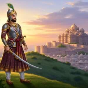 A regal and majestic scene depicting Bappa Rawal, the legendary ruler of Mewar, standing proudly on a lush, verdant hill overlooking his vast empire. He is adorned in traditional Rajput armor with intricate gold and maroon designs, a shimmering peacock feather helmet, and holding a beautifully crafted sword. The background features the imposing and grand Chittorgarh Fort bathed in the warm glow of the setting sun, with its towering spires and rich architectural details. A serene, ethereal atmosphere pervades the scene with soft pastel skies and gentle golden light illuminating Bappa Rawal's noble expression. The image combines elements of traditional Indian art with modern digital aesthetics, ensuring an eye-catching and inspiring portrayal of this historical figure.