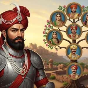 A grand, hyperrealistic illustration of Bappa Rawal, the legendary warrior, standing proudly in traditional Rajput armor, with intricate designs reflecting his valor and heritage. Beside him, a detailed family tree unfolds in an artistic manner, featuring his descendants depicted in historical Rajput attire, each adorned with traditional jewelry. The background showcases a majestic Rajasthan landscape with ancient forts and vibrant peacock blue skies. The scene is enriched with elements like gold motifs, lotus flowers, and subtle mandalas to reflect cultural depth. The lighting is ethereal, highlighting the regal essence and legacy of Bappa Rawal's lineage. The overall composition should feel modern yet steeped in history, evoking a sense of pride and curiosity.