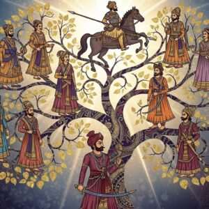 An ethereal depiction of an ancient Indian royal lineage, showcasing Bappa Rawal and his descendants, leading to Maharana Pratap. The scene is set against a backdrop of an intricately designed ancestral tree, adorned with golden and peacock blue leaves. The tree branches are interwoven with delicate patterns reminiscent of Madhubani and Pattachitra art. At the base, a regal figure of Bappa Rawal, in traditional Rajput attire with a maroon and saffron turban, stands with a commanding presence, holding a sword. Further along the branches, images of his descendants are portrayed in flowing traditional attire, each with unique accessories signifying their era. At the pinnacle, Maharana Pratap is depicted in full armor on a rearing horse, holding a spear. The entire composition is bathed in a serene, glowing light, with lotus flowers and mandalas subtly integrated into the background, creating a harmonious balance of tradition and modern digital aesthetics.