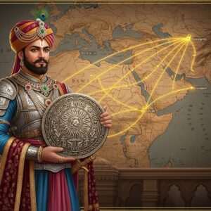 A majestic scene depicting Bappa Rawal, the legendary ruler of Mewar, standing proudly in an ornate, golden palace setting. He is adorned in regal Rajput attire with a jewel-encrusted turban and armor, reflecting the opulence of ancient Indian royalty. In his hands, he holds a large, intricately designed ancient coin with historical symbols. The background features a detailed map with highlighted routes leading from Mewar to Rawalpindi, symbolizing his expansive influence. The art style merges traditional Indian motifs with modern digital aesthetics, using deep colors like maroon and peacock blue. Ethereal golden light bathes the scene, emphasizing a sense of historical significance and grandeur. The image is hyperrealistic with a surreal touch, inviting viewers into a world of rich history and legacy.