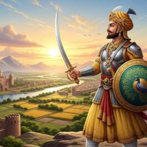 A regal Indian warrior king, Bappa Rawal, dressed in intricately detailed traditional Rajput armor, stands valiantly atop a hill overlooking his vast kingdom. His armor is adorned with gold and saffron motifs, and he carries a shining sword in one hand while the other holds a shield emblazoned with a peacock emblem. The landscape below reveals a flourishing empire with grand forts, lush fields, and bustling towns. The sky is a canvas of soft pastels with a warm golden hue from the setting sun, casting an ethereal glow over the scene. In the background, majestic mountains rise under a blanket of wispy clouds. The overall atmosphere is serene yet powerful, reflecting the legacy and achievements of this legendary warrior king. The art style is a blend of traditional Indian art forms and modern digital aesthetics, ensuring a captivating and immersive visual experience.