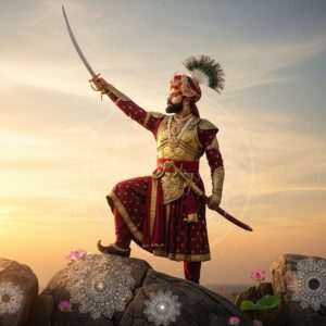 A majestic scene depicting Bappa Rawal, the legendary Indian warrior king, standing valiantly on a rocky hilltop overlooking the vast landscape of Mewar. He is adorned in intricately detailed traditional Rajput armor with a shimmering golden breastplate and a regal turban featuring a plume of peacock feathers. In his right hand, he holds a gleaming sword raised high, symbolizing his indomitable spirit. The background features a serene sunrise with soft pastel colors blending into deep saffron and maroon hues, casting a divine glow over the scene. Around him are elements of Indian cultural motifs like lotus flowers and subtle mandalas etched into the rocks. The image captures a balance of heritage and modern digital aesthetics, embodying a surreal, ethereal quality that emphasizes the legend and heroism of Bappa Rawal.