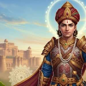 A majestic portrayal of Bappa Rawal, the legendary Indian king, as a young warrior. He stands resolute in traditional Rajput armor, intricately detailed with patterns reminiscent of Madhubani and Pattachitra art forms, highlighted with accents of gold and maroon. His eyes are filled with determination, reflecting his noble lineage. In the background, an ancient Rajasthani fort looms under a serene sky painted in soft hues of pastel blue and warm gold, capturing the ethereal beauty of his era. Around him, a mystical aura glows, symbolizing his legendary status. The scene is lush with cultural motifs like lotuses and mandalas, blending traditional and modern aesthetics for a captivating digital illustration.