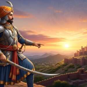 A regal Indian warrior-king, adorned in elaborate traditional Rajput armor, stands atop a majestic hill overlooking an ancient, grand fortress. The warrior, representing Bappa Rawal, wears a resplendent saffron turban with a striking plume and holds a finely crafted sword with intricate engravings. His expression is one of wisdom and strength, and his posture exudes authority and leadership. The landscape is bathed in the warm, golden hues of the setting sun, casting an ethereal glow across the scene. In the background, a vast panorama of rolling hills and lush valleys unfolds, symbolizing the expanse of his legendary dynasty. Delicate patterns and motifs reminiscent of Pattachitra art subtly embellish the sky, adding depth and cultural richness. The overall atmosphere conveys a sense of heritage and valor, drawing the viewer into the historical narrative.