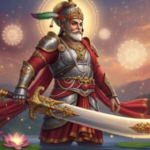 In a lush, serene landscape, the towering figure of Bappa Rawal stands with majestic poise. Clad in an intricately designed traditional Rajput armor, his form exudes strength and valor. He holds a massive, ornately decorated sword with a gleaming blade that reflects the soft, golden light of a setting sun. The background is a blend of vibrant, deep colors – maroon, peacock blue, and saffron – with subtle patterns reminiscent of traditional Indian art. The scene is accented by ethereal elements like soft glowing mandalas and lotus flowers floating gently on a calm water surface. His expression is one of determination and wisdom, capturing the essence of his legendary status. This hyperrealistic image blends historical authenticity with modern digital aesthetics, offering a glimpse into the grandeur and might of this iconic warrior.