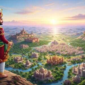 A majestic scene featuring Bappa Rawal, the legendary ruler, portrayed as a noble and powerful Indian king. He stands with regal poise atop a hill, gazing across his vast empire that stretches out beneath him, depicted in a detailed, ethereal map-like landscape. The terrain includes lush valleys, sprawling cities with intricate architecture, and mighty rivers winding through the land. Bappa Rawal is adorned in traditional Rajput attire, complete with a richly embroidered turban, gold jewelry, and an ornate sword. The sky above is a serene gradient of pastel hues, with soft glowing light that highlights the grandeur of the empire. Surrounding him are symbols of his legacy, such as fortresses and palaces, subtly integrated into the landscape. The art style is a fusion of traditional Indian art forms with modern digital aesthetics, featuring deep colors like maroon and peacock blue, and intricate patterns reminiscent of Madhubani and Pattachitra art. The image should convey a sense of history, power, and cultural heritage while maintaining a modern, visually captivating appeal.