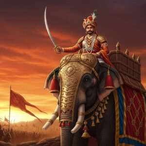 A majestic scene of Bappa Rawal, the legendary Rajput king, astride a grand war elephant adorned with intricate armor and vibrant fabrics. He is depicted in traditional Rajput attire, with a regal turban and ornate jewelry, exuding strength and determination. In his right hand, he holds a gleaming sword, poised for battle. The backdrop features a vast battlefield under a sky painted in deep saffron and maroon hues, with the silhouettes of his army in the distance. The scene is enhanced with cultural motifs like lotus patterns and stylized mandalas subtly integrated into the landscape. The lighting is ethereal, casting a warm golden glow over the entire scene, emphasizing Bappa Rawal's heroic presence. The art style combines hyperrealism with digital aesthetics, creating a captivating and inspirational image that embodies courage and heritage.