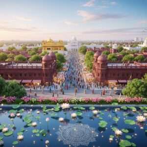 A serene, hyperrealistic aerial view of Batala, Punjab, blending traditional Indian architectural elements with modern aesthetics. The cityscape is dotted with golden temple domes and maroon-brick colonial structures, interspersed with lush greenery. In the foreground, a digitally rendered lotus pond with soft glowing lights on the water surface, reflecting the evening sky painted in pastel hues of soft blue and pale pink. Intricate mandalas subtly embossed on building facades add to the cultural essence. The scene conveys tranquility and growth, with a few Indian characters in traditional attire walking along a bustling marketplace street, symbolizing the vibrant life and evolving population of Batala towards 2026. The atmosphere is ethereal and inviting, evoking a sense of curiosity and exploration.