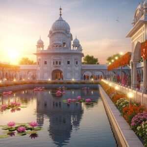 A serene and ethereal depiction of the sacred city of Batala, showcasing a tranquil scene at the historic Gurdwara Kandh Sahib. The foreground features a calm water surface reflecting the intricate architecture of the gurdwara, bathed in a warm, golden glow from the setting sun. Surrounding the gurdwara are lush gardens adorned with lotus flowers and vibrant marigold garlands. Pilgrims, in traditional Indian attire, walk peacefully along a path lined with soft glowing lights, creating an atmosphere of spiritual tranquility and harmony. The sky is painted with soft pastel hues, enhancing the surreal and spiritual ambiance. The scene should be photo hyper-realistic, merging traditional Indian art forms with modern digital aesthetics, emphasizing the cultural richness and spiritual essence of Batala.