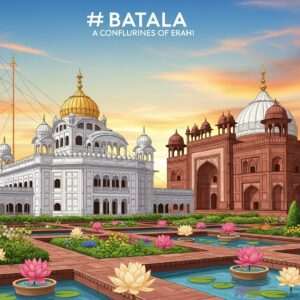 A vibrant, modern digital illustration of the historic town of Batala, showcasing its rich cultural heritage. The scene features iconic heritage sites like the Gurdwara Kandh Sahib and the Mughal-era Shamsher Khan's Tomb, depicted with intricate architectural details. The foreground includes lush greenery and traditional Indian motifs like lotus flowers and mandalas, subtly incorporated into the landscape. The sky is a blend of warm saffron and peacock blue hues, creating a serene and ethereal atmosphere. In the distance, silhouettes of local people in traditional attire can be seen, adding life to the scene. The art style merges traditional Indian aesthetics with contemporary digital art, featuring deep colors and intricate patterns, emphasizing Batala's unique blend of history and modernity.