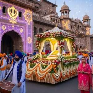 A vibrant depiction of the Babe Da Viah 2026 celebrations in Batala, capturing the essence of Sikh heritage. The scene features a grand procession with devotees in traditional Punjabi attire, including colorful turbans and elegant salwar kameez. A beautifully adorned float carries a sacred Guru Granth Sahib, surrounded by flowers and golden decorations. The atmosphere is filled with joy and reverence, with soft pastel lights illuminating the scene. The backdrop showcases Batala's historical architecture, blending seamlessly with modern digital aesthetics. Intricate patterns inspired by Sikh art and glowing, ethereal elements add to the spiritual ambiance, creating a captivating and harmonious visual experience.