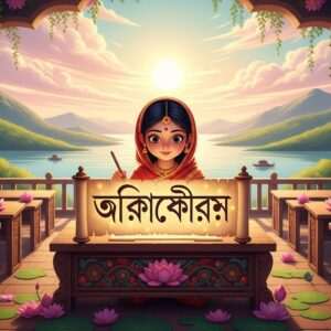 A serene scene depicting a traditional Bengali classroom with an ethereal, modern twist. In the foreground, a young Indian girl with expressive eyes and traditional attire sits at a beautifully carved wooden desk, surrounded by vibrant lotus flowers and intricate patterns inspired by Madhubani art. Her gaze is focused on an ancient, glowing scroll in front of her, featuring the Bengali alphabet illuminated with soft golden light. The background showcases a dreamy landscape of rolling hills and tranquil waters under a pastel-hued sky. The overall tone is peaceful and inviting, blending cultural heritage with modern digital aesthetics to symbolize the journey of learning Bengali.