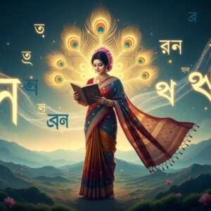 An Indian woman dressed in a traditional Bengali saree with modern digital enhancements, standing in a vibrant, surreal landscape. Behind her, a majestic tapestry of golden, glowing mandalas interwoven with intricate patterns reminiscent of Bengali art. The scene features elements like stylized peacock feathers and lotus flowers in rich colors of maroon, saffron, and peacock blue. The woman holds a traditional Bengali script book, with ethereal, soft pastel lights casting a serene glow around her. The environment is filled with abstract representations of vowels and consonants flowing like a gentle breeze, evoking a sense of learning and cultural heritage. The overall atmosphere is tranquil yet intellectually stimulating, balancing tradition with modern aesthetics.