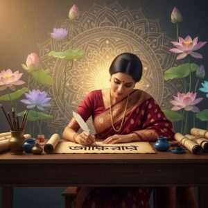 A serene scene depicting an Indian woman dressed in a traditional Bengali saree with intricate golden patterns, sitting gracefully at a wooden desk. She is deeply focused on creating beautiful Bengali calligraphy, using an elegant quill pen. The desk is adorned with traditional ink pots and scrolls. The background features a softly glowing mandala and pastel-colored lotus flowers, giving the image a tranquil and ethereal atmosphere. The lighting is warm and soft, enhancing the rich maroon and gold hues in the scene. This hyperrealistic art style blends traditional Indian motifs with modern digital aesthetics, creating an inviting and inspiring visual experience for the viewer.