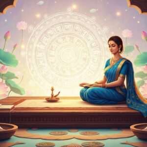 An intricately designed, ethereal scene depicting a traditional Bengali classroom setting, featuring a serene, wise Indian woman in a flowing sari (peacock blue with gold accents), sitting cross-legged on an elegant wooden platform. In front of her, a large, softly glowing mandala board displays abstract representations of Bengali matras and numbers, blending cultural heritage with modern digital aesthetics. The scene is set against a backdrop of lush, stylized lotus flowers and soft pastel hues, with gentle, warm lighting highlighting the intricate patterns and details. Surrounding her are elements of traditional Bengali motifs, such as conch shells and fish, subtly integrated into the design. The atmosphere is serene, inviting, and educational, capturing the essence of learning and spirituality in a harmonious blend.