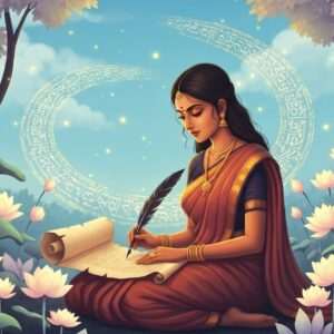 A serene, ethereal scene depicting an Indian woman in a traditional Bengali saree, sitting gracefully in a tranquil garden surrounded by delicate, glowing lotus flowers and soft pastel-colored leaves. She is deeply focused, holding a quill pen poised above a traditional parchment scroll, with intricate patterns resembling the Bengali script elegantly swirling around her. The background features a gentle, soft blue sky with subtle golden light filtering through, casting an enchanting glow over the scene. Her expression is serene and contemplative, embodying the essence of mindfulness and cultural richness. The art style merges traditional Indian art with modern digital aesthetics, featuring rich, deep colors and intricate cultural motifs, creating a harmonious blend of heritage and innovation.