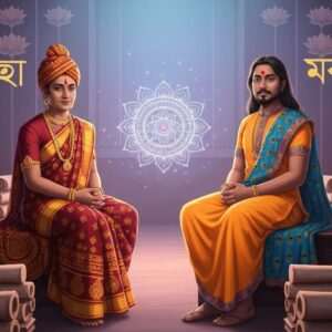 A captivating scene showcasing two Indian scholars, one representing the Bengali script and the other the Hindi script, sitting in a tranquil library setting filled with ancient scrolls and manuscripts. The scholar on the left is adorned in traditional Bengali attire, featuring rich maroon and gold hues, with intricate patterns reminiscent of Pattachitra art. The scholar on the right wears a saffron and peacock blue ensemble, incorporating elements of Madhubani design. Between them, an ethereal, glowing mandala symbolizing unity and knowledge subtly highlights the cultural connection. The atmosphere is serene and contemplative, with soft pastel lighting casting a warm glow over the scene. The background features stylized lotus motifs, emphasizing a blend of tradition and modernity. The image conveys a sense of historical depth and intellectual engagement.