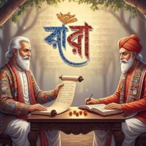 In a serene, ethereal setting, two wise Indian scholars are portrayed in traditional attire, one representing Bengal and the other Odisha. They sit across from each other at an intricately carved wooden table under a grand tree with its branches forming a canopy of glowing pastel-colored leaves. Each scholar is surrounded by a gentle aura of soft, warm light, highlighting the cultural motifs of their respective regions—Madhubani patterns for the Bengali scholar and Pattachitra designs for the Odia scholar. A translucent, floating tapestry in the background subtly displays the unique aesthetics of Bengali and Odia scripts without showing any specific letters. The atmosphere is calm and scholarly, with elements like glowing mandalas and lotus flowers around, emphasizing the harmonious exchange of knowledge. The scene is hyperrealistic with surreal touches, reflecting a blend of tradition and modern digital aesthetics.