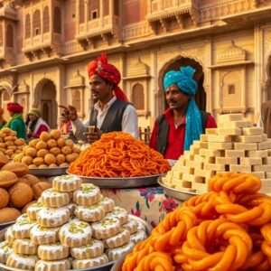 A vibrant and colorful street market scene in Rajasthan, showcasing a variety of traditional Rajasthani snacks and desserts. In the foreground, an array of beautifully arranged dishes like kachoris, ghewar, and imarti, each intricately designed with vibrant colors and textures. Behind the food, Indian vendors in traditional Rajasthani attire (bright turbans and colorful sarees) are engaging with visitors. The backdrop features ornate Rajasthani architecture, with intricate carvings and patterns. Warm, golden lighting illuminates the scene, capturing the rich cultural essence of Rajasthan. The overall atmosphere is lively and inviting, with a touch of modern digital aesthetics to enhance the visual appeal.