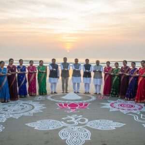 In a serene coastal landscape bathed in the soft glow of dawn, a diverse group of Indian men and women, representing different regions, stand determinedly on a sandy beach. They are dressed in traditional Indian attire, with women in sarees of rich colors like maroon and peacock blue, and men in kurta-pajamas. Each leader holds a handful of salt, symbolizing their defiance against colonial rule. The scene features intricate patterns in the sand reminiscent of Madhubani art, with subtle Hindu spiritual symbols woven into the design. The sky is a tapestry of pastel hues with hints of saffron and gold, adding an ethereal quality. In the distance, gentle waves reflect the morning light, emphasizing tranquility and unity in diversity. The art style is hyperrealistic with a touch of digital modernity, capturing both the spirit of resistance and the beauty of Indian cultural heritage.