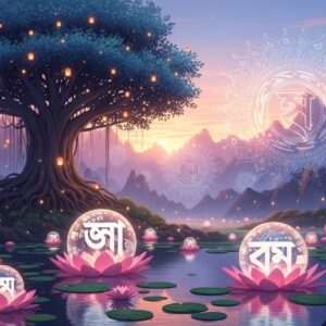 A serene, surreal scene featuring a mystical Indian landscape at twilight, with soft, glowing pastel colors like pale pink, soft blue, and warm gold. In the foreground, an intricately designed lotus pond reflects the vibrant hues of the sky. Floating above the water are glowing orbs representing the essence of language, subtly inspired by the shape of Bengali script, without directly depicting letters. In the background, a majestic banyan tree with luminous leaves stands against a backdrop of ethereal, softly illuminated mandalas and cultural motifs. The atmosphere is tranquil and inviting, with a sense of discovery and wonder. The art style is hyperrealistic with digital aesthetics, balancing heritage with innovation, suitable for a modern digital platform.
