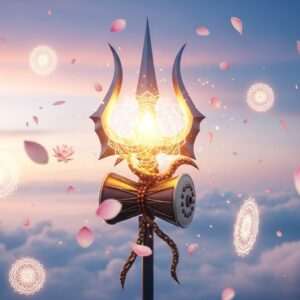 A hyperrealistic, ethereal scene featuring the Trishula, the divine trident associated with Lord Shiva. The Trishula is depicted in intricate detail, standing majestically against a backdrop of serene, swirling clouds infused with soft pastel hues of blue and pink. Golden and saffron light emanates from the trident, casting a warm glow that highlights its spiritual significance. Surrounding the Trishula are glowing mandalas and delicate lotus petals gently floating in the air, enhancing the mystical ambiance. The scene is imbued with a sense of tranquility and spiritual depth, designed to captivate and intrigue the viewer with its rich symbolism and modern aesthetic appeal.