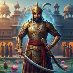 A regal Indian warrior standing tall and proud, symbolizing Bappa Rawal, clad in traditional Rajput armor, rich in intricate gold and maroon detailing. He stands against a backdrop of an ancient Indian palace, with peacock blue and saffron hues highlighting the grandeur. Around him, serene lotus flowers bloom, and a soft, ethereal glow casts an aura of wisdom and valor. His eyes reflect determination and nobility, capturing the essence of a legendary ruler. In the background, a subtle presence of his wives in elegant, flowing sarees can be seen, embodying grace and strength, creating a harmonious blend of history and culture. The art style is hyperrealistic with surreal elements, inviting viewers into the rich tapestry of his life story.