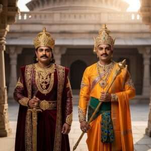 Two regal Indian kings, Bindusara and Bimbisara, stand proudly in a lush, ancient palace courtyard. Bindusara, on the left, wears a gold crown with intricate patterns and royal attire in maroon and gold hues, holding a sword with ornate carvings. Bimbisara, on the right, dons a traditional crown adorned with precious gems, wearing a saffron and peacock blue robe, holding a scepter symbolizing authority. The background features grand architectural elements reminiscent of the Mauryan and Magadhan empires, with lotus motifs and spiritual symbols subtly integrated into the scene. The atmosphere is serene yet majestic, capturing the essence of historical grandeur with a modern digital aesthetic. Soft, ethereal lighting highlights the kings' regal features and the rich colors of their attire, evoking a sense of history and legacy.