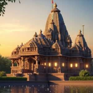 Under a serene, golden sunset sky, the majestic Bisaldeo Temple stands in all its glory, nestled amidst lush greenery. The ancient temple is depicted with intricate carvings and ornate architecture, showcasing its historical significance. Vibrant peacock blue and saffron hues highlight the temple's details, creating a harmonious blend of tradition and modern digital aesthetics. In the foreground, a calm water surface reflects the temple's grandeur, adding an ethereal touch. Soft, glowing lights emanate from the temple, symbolizing its spiritual aura. The scene is tranquil yet captivating, inviting viewers to explore the sacred wonder of Bisaldeo Temple. The art style is hyperrealistic with a spiritual undertone, balancing heritage with innovation.