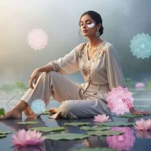 A serene, ethereal scene showcasing an elegant Indian woman with bright, captivating eyes, sitting gracefully by a tranquil lotus pond. Her skin glows softly under the gentle pastel light of dawn, accentuating the effect of the under-eye cream. She is adorned in a modern fusion of traditional Indian attire with a subtle, contemporary twist. Surrounding her are delicate, glowing mandalas and floating lotus petals in shades of pale pink and soft blue. The atmosphere exudes tranquility and mindfulness, inviting readers to explore the rejuvenating effects of the creams and serums. The digital art style is hyperrealistic with a touch of surreal fantasy, emphasizing the harmony between traditional beauty secrets and modern skincare innovation.