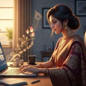 A serene digital scene featuring an Indian woman in a modern, elegant office setting, typing on a sleek laptop. She is wearing a stylish saree in shades of deep maroon and gold, adorned with intricate Madhubani patterns. The room is softly lit with a warm, ethereal glow, casting gentle shadows on her focused face. On the laptop screen, glowing Bengali script flows seamlessly, highlighted by a soft golden light. In the background, there is a subtle blend of traditional motifs like lotus flowers and peacock feathers, merging with contemporary digital elements. The atmosphere is tranquil yet innovative, symbolizing the fusion of tradition and technology. The art style is hyperrealistic with a touch of digital surrealism, inviting readers into a world where culture meets modernity.