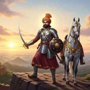 A majestic scene of Bappa Rawal, the legendary Indian warrior king, standing triumphantly atop a cliff overlooking a vast empire. He is clad in traditional Rajput armor with intricate gold and maroon detailing, a sword gleaming in his right hand, and a shield embossed with lotus motifs in his left. His noble steed, a powerful white horse adorned with ornate gold and peacock blue trappings, stands by his side. The backdrop is an ethereal landscape of rolling hills and ancient forts bathed in the warm glow of a setting sun, casting a serene, golden light over the scene. The sky is a blend of soft pastel colors, with delicate clouds and a faint mandala pattern emerging in the distance, symbolizing spiritual guidance and destiny. The art style is hyperrealistic with digital finesse, capturing the grandeur and valor of Bappa Rawal’s reign, inviting viewers into a world of historical splendor and intrigue.