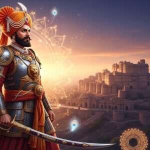 A majestic depiction of Bappa Rawal, the legendary warrior, standing proudly atop a hill overlooking the Chittorgarh Fort. He is clad in ornate traditional Rajput armor with intricate gold detailing, a saffron turban, and a sword in hand. The background is a vivid panorama of the fort bathed in the warm glow of a setting sun, casting long shadows and creating a surreal atmosphere. Surrounding Bappa Rawal are ethereal, glowing mandalas and peacock feathers subtly blended into the sky, symbolizing his divine protection and valor. The scene is serene yet powerful, with a dreamlike quality that combines historical reverence with modern digital artistry. The image conveys a sense of heroism and pride, inviting viewers to delve into the rich history and celebration of Bappa Rawal Jayanti.