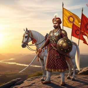 A majestic portrayal of Bappa Rawal, the legendary Rajput warrior, standing tall on a hilltop overlooking a vast landscape, with the sun setting in the background casting a warm golden glow. He is adorned in traditional Rajput armor, intricately designed with gold and maroon patterns, and a regal turban. His stance is powerful yet serene, holding a sword in one hand and a shield in the other, both embellished with intricate designs. Surrounding him are symbols of valor such as a gallant horse and fluttering Rajput flags. The scene is accentuated with traditional Indian motifs like lotus flowers and mandalas subtly embedded in the sky and terrain, blending heritage with a modern digital aesthetic. The overall atmosphere conveys honor, bravery, and the enduring legacy of Bappa Rawal, inviting the viewer into a historical journey.