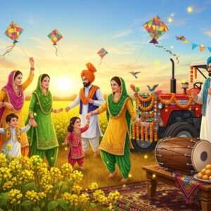 A vibrant scene capturing the essence of Basant and Baisakhi, featuring a lively Punjabi family in traditional attire, celebrating in a lush mustard field under a clear blue sky. The women wear bright, flowing salwar kameez in shades of yellow and green, adorned with intricate embroidery, while men don colorful turbans and kurtas. Children fly kites with vibrant patterns, their faces alight with joy. In the background, a beautifully decorated tractor symbolizes the agricultural roots of the festivals. The scene is enriched with traditional Punjabi motifs like dhols and traditional sweets on a small table. The atmosphere is filled with a sense of joy and community, enhanced by soft, glowing lights and a touch of surrealism to emphasize the festive spirit. The art style merges modern digital aesthetics with traditional patterns, capturing the enduring spirit of Punjabi festivals with elegance and innovation.