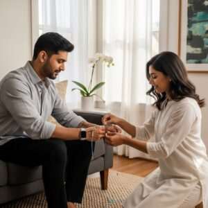 A serene and ethereal depiction of an Indian brother and sister celebrating Raksha Bandhan in a modern setting. The sister is tying a rakhi on her brother