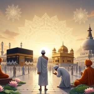 A serene, ethereal landscape featuring diverse pilgrims from different faiths harmoniously journeying together. In the foreground, a Muslim pilgrim in ihram stands with palms open towards the majestic Kaaba, glowing softly under a starlit sky. Beside them, a Sikh pilgrim in traditional attire bows in reverence at the Kartarpur Sahib Gurdwara, its golden dome shimmering in the soft morning light. Nearby, a Buddhist monk in saffron robes meditates peacefully near an ancient stupa, surrounded by blooming lotus flowers and gentle mist. The scene is bathed in warm golden hues and pastel colors, evoking a sense of unity, spirituality, and tranquility. The art style merges traditional motifs with modern digital aesthetics, emphasizing intricate patterns and glowing mandalas in the sky, creating a dreamlike quality that invites viewers into a world of peaceful coexistence and shared journeys.