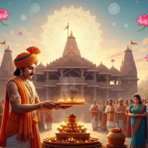 A vibrant, ethereal scene capturing the essence of Jalore Mahotsav 2026. In the foreground, an Indian priest in traditional attire, adorned with intricate gold jewelry and a saffron turban, performs a sacred ritual. He holds a golden aarti plate with glowing incense and flickering diyas. Surrounding him are devotees, dressed in colorful traditional garments, their faces serene and focused. The background features a grand temple with intricate carvings and a large, glowing mandala above, casting a warm golden light. The sky is a tapestry of pastel hues - soft blues and pale pinks - with floating lotus flowers and delicate patterns reminiscent of Madhubani art. The scene is hyperrealistic, blending traditional Indian cultural elements with modern digital aesthetics, exuding a sense of peace, spirituality, and celebration.