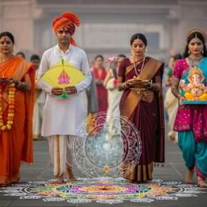 A serene Indian landscape featuring a vibrant festival scene, with a diverse group of Indian pilgrims in traditional attire, each representing different Indian festivals, gathered around a glowing, ethereal mandala. The pilgrims are adorned with intricate henna designs and colorful garlands, surrounded by elements like lotus flowers, diyas (lamps), and kites symbolizing various festivals. In the background, a grand temple with peacock blue and maroon hues stands majestically under a sky filled with pastel-colored fireworks and soft glowing lights. The scene is infused with an atmosphere of hope, renewal, and spiritual awakening, captured in a hyperrealistic and ethereal digital art style.