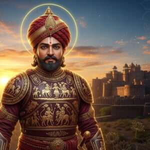 A majestic Indian warrior, Bappa Rawal, stands proudly in traditional Rajput armor, with intricate gold and maroon detailing, in front of an ancient fortress. His expression is serene yet commanding, with intense eyes that reflect wisdom and courage. A glowing, ethereal aura surrounds him, adding a spiritual dimension to his legendary status. Behind him, the sun sets in a symphony of peacock blue and saffron hues, casting a divine glow on the scene. The landscape is dotted with stylized lotus flowers and mandalas subtly integrated into the background. The overall atmosphere is serene and ethereal, capturing the essence of a hero celebrated through time. The art style should be hyperrealistic, blending traditional Indian motifs with modern digital aesthetics, ensuring an engaging and compelling visual narrative.