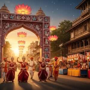 A vibrant scene of Kolhapur's grand festival celebration, featuring a large, intricately designed Pattachitra-inspired archway adorned with maroon and peacock blue patterns. In the foreground, a group of elegantly dressed Indian women and men in traditional attire perform a devotional dance, their movements captured mid-motion, surrounded by glowing lotus flowers and swirling saffron-colored lights. The background showcases a bustling street filled with stalls and joyous people, set against the backdrop of Kolhapur's historical architecture bathed in the warm glow of a setting sun. The atmosphere is serene yet lively, embodying the spirit of devotion and cultural richness, with a touch of ethereal glow to emphasize the spirituality and festivity of the occasion.