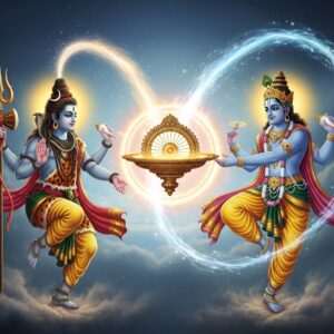 In a celestial battleground amidst swirling cosmic energies, Lord Shiva stands majestically with his Trishula, his form illuminated by an ethereal glow. The Trishula is detailed with intricate carvings, shimmering in a deep golden hue. Opposite him, Lord Vishnu holds the Sudarshan Chakra, its radiant light casting a spectrum of colors in the sky. Nearby, the Brahmastra glows with a divine brilliance, suspended in mid-air, symbolizing ultimate destruction. The scene is set in a surreal, spiritual dimension with soft pastel hues of blue and pink, and shimmering stars scattered across the backdrop. Lotus flowers float gently on a calm water surface below, adding a serene yet intense aura to the confrontation. The art style combines traditional Indian motifs with modern digital aesthetics, capturing the grandeur and mystique of these legendary weapons.