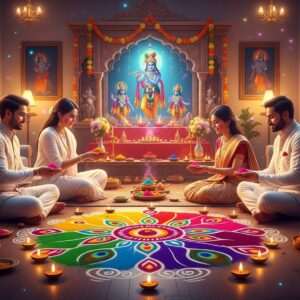 A serene Indian family gathered in a warmly lit, traditional living room, adorned with vibrant decorations and vivid colors for Holi Puja. The scene features intricately designed Rangoli on the floor with bright hues like saffron, maroon, and peacock blue, surrounded by glowing diyas. The family members, dressed in elegant traditional attire, are performing the puja with an air of devotion, each holding a small bowl of colored powders. In the background, a beautifully crafted altar showcases images of Lord Krishna, with a soft, ethereal glow emanating from the deity. The room is filled with ethereal pastel shades and soft glowing lights, creating an atmosphere of spirituality, harmony, and celebration. The art style is hyperrealistic with modern digital aesthetics, combining traditional Indian art forms with a surreal, dreamlike quality.