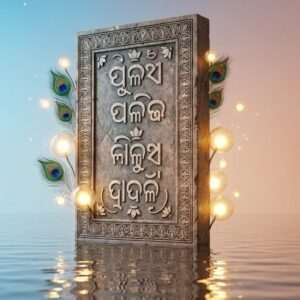 In a serene, ethereal setting, an intricately carved ancient stone tablet emerges from a calm, reflective water surface. The tablet is adorned with beautifully detailed patterns featuring Sanskrit, Odia, and Bengali script motifs interwoven with traditional Indian artistic elements like lotus flowers and peacock feathers. Around the tablet, soft, glowing lights illuminate the scripts, creating a surreal and mystical ambiance. The background features a blend of pastel hues – soft blue, pale pink, and warm gold – adding to the tranquil and harmonious atmosphere. This visually stunning image captures the essence of cultural connectivity and historical richness, inviting readers to explore the depth of linguistic evolution.