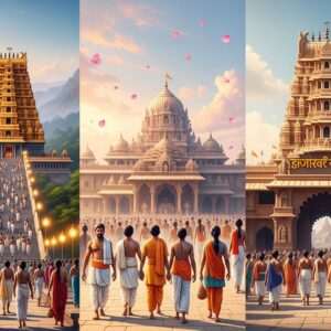 A serene, ethereal depiction of an Indian pilgrim journey, featuring three distinct scenes seamlessly blended into one panoramic image. On the left, the sacred Tirupati temple nestled amidst lush hills, with intricate gold and maroon carvings, surrounded by soft, glowing lights and pilgrims in traditional attire ascending the steps. In the center, the vibrant Pandharpur pilgrimage with devotees in colorful attire walking towards the Vitthal Rukmini Mandir, the temple's architecture adorned with peacock blue and saffron hues, under a pastel sky with gently floating lotus petals. On the right, the revered Tuljapur temple, its towering entrance beautifully detailed with traditional patterns, set against a backdrop of warm golden light illuminating the temple's spiritual aura. The entire scene is infused with an atmosphere of harmony and mindfulness, using a hyperrealistic art style that merges traditional Indian art forms with modern digital aesthetics.