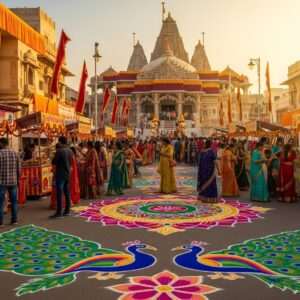 A vibrant scene of a traditional Indian festival in Jalore, 2026, featuring a bustling street filled with people in colorful, intricate traditional attire. The background showcases a grand temple adorned with saffron and maroon banners. In the foreground, stalls offer an array of traditional foods, like spicy curries and sweet jalebis, their steam wafting through the air. The crowd is diverse, with families and friends celebrating together. Intricate patterns of Rangoli art embellish the street floor. The atmosphere is festive, with warm, golden lighting casting a serene glow, and peacock blue and gold hues providing contrast. The scene exudes joy and cultural richness, reflecting both tradition and modernity in perfect harmony.